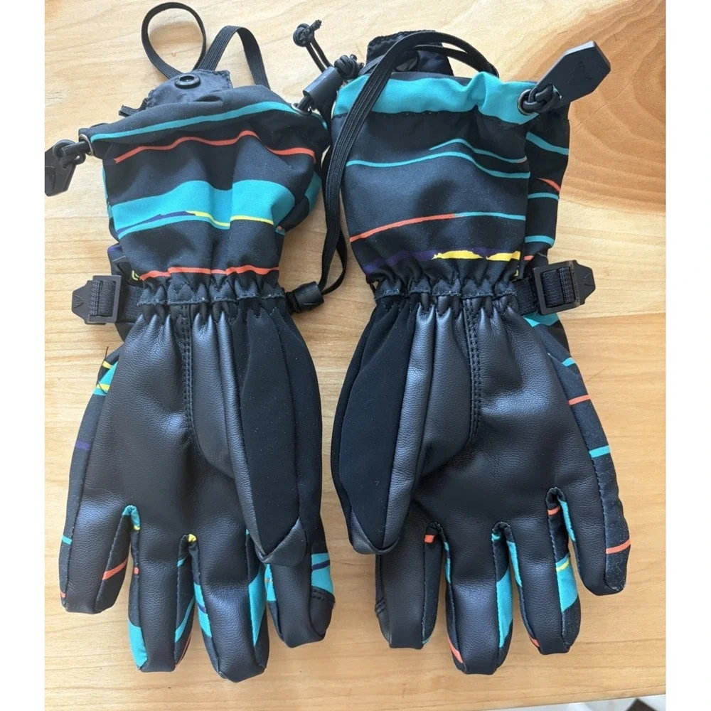 Burton Kids Vent Ski Snowboard Gloves Size Large Unisex Black Teal Stripes EUC